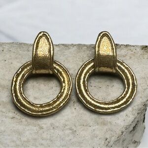 Vintage Artisan Signed Chic Gold/Brass Textured Clip-On Earrings